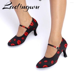 Chaussures de danse Ladingwu Sneakers latin Femme professeur noir talon 5-8cm Femme Red Lip Satin personnalisable Salle de bal