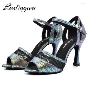 Chaussures de danse Ladingwu femmes latin 9cm talon cubain Salsa sandales en métal gris PU Discoloration et maillage zapatos de mujer