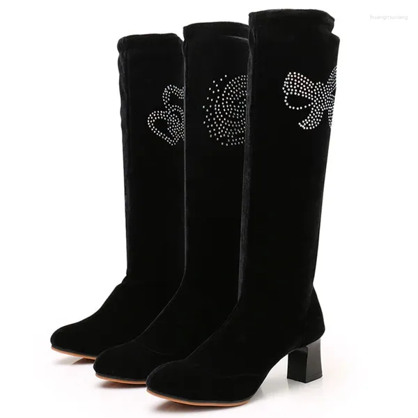 Zapatos de baile Mujeres latinas Sombras de goma botas para adultos Soft Tubo largo Tubo Velvet cuadrado Diamantes