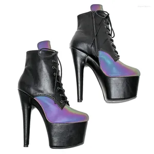 Chaussures de danse Leecabe 17CM / 7 pouces plate-forme noire avec bottes à talons hauts bicolores brillantes bottes à bout fermé