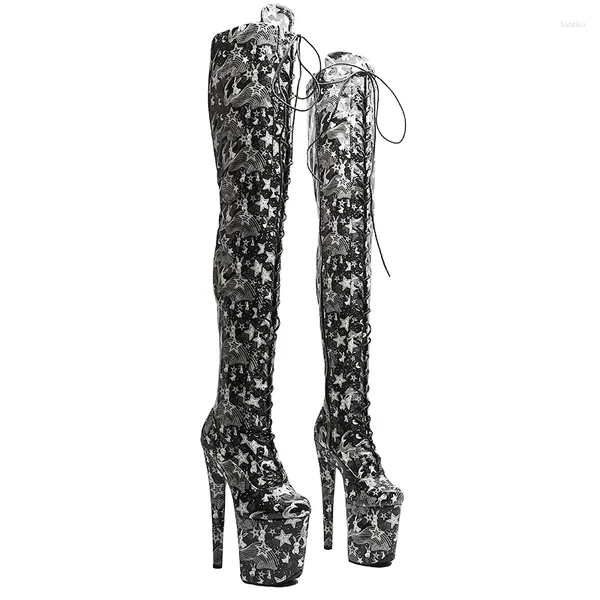 Zapatos de baile Leecabe 20cm/8 pulgadas Patentes brillantes PU Estrellas y conejos Patrón de moda Moda de la plataforma de tacón alto botas de muslo Pole Dance Dance