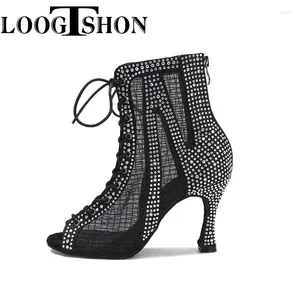 Loogtshon – chaussures de danse en Satin pour femmes, peau latine brillante, grand et petit strass, talon évasé de 9cm, pied étroit, largeur réglable
