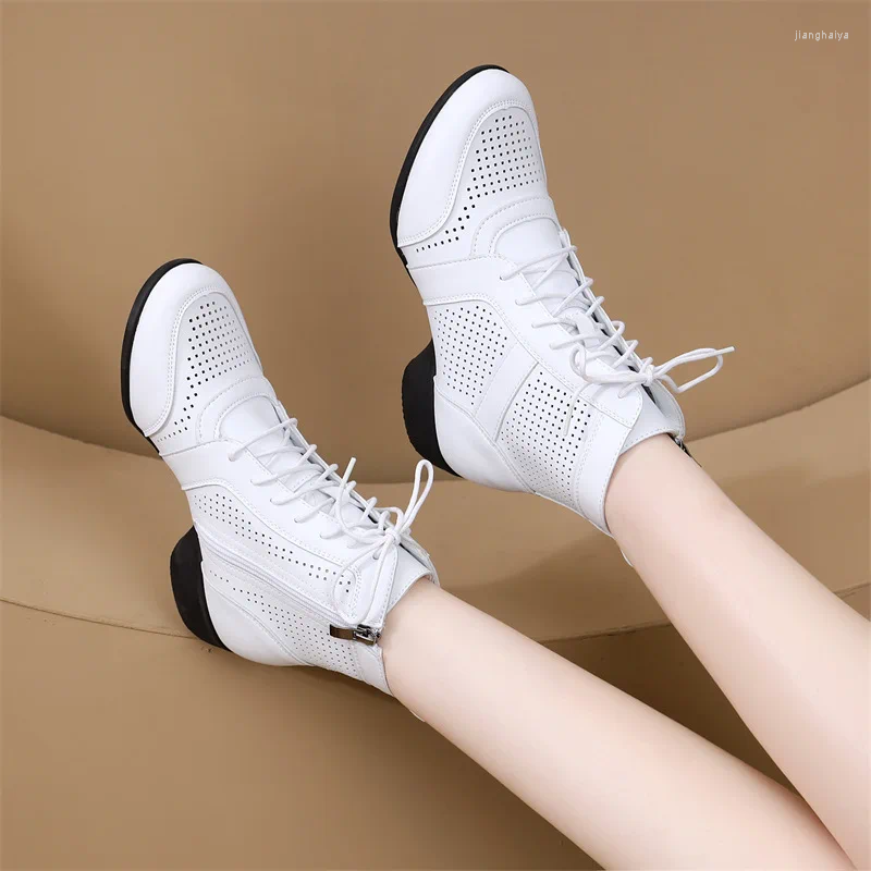 Dance Shoes Modern Women Four Seasons Hollow Leather Soft Square Gaobang Sneakers