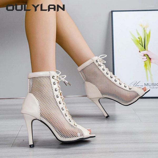 Chaussures de danse oulylan talons minces bottes cools femmes mode creux outre lace up Mesh poisson bouche haute talon sandales jazz femme