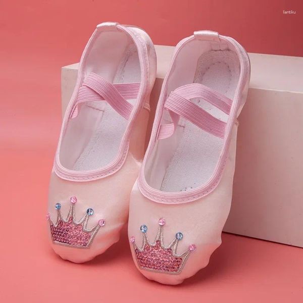 Chaussures de danse qualité girls enfants divisé semelle ballet satin pointes pantoufles ballerine couronne paillettes couleurs rhinstone décoration