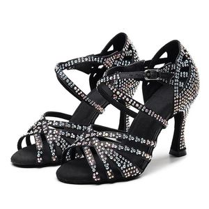 Chaussures de danse strass femmes chaussures de danse latine dames semelle en daim souple salle de bal Tango danse sandales talon haut 9 cm/5.5/7.5 cm marron noir 231101