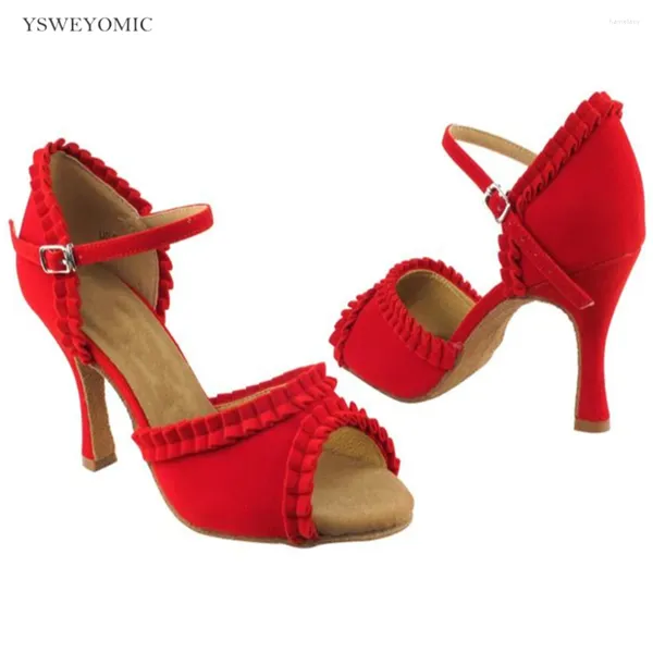 Dance Shoes Salsa Women 2024 Summer Style Red Flock Suede Sole Ballroom Talones latinos personalizados