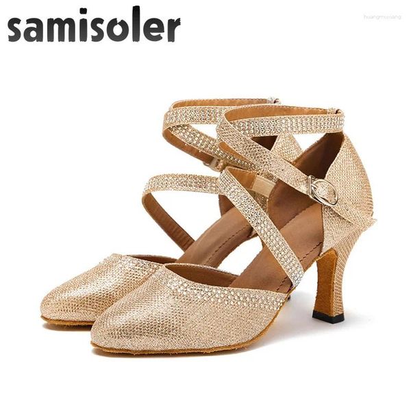 Chaussures de danse Samisoler doré/argent Flash tissu Collocation brillant strass salle de bal mode femmes compétition latine
