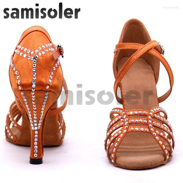 Zapatos de baile samisoler Latin Women Bronce Slik Satin Shining Rhinestone Cuba High Heel 10 cm salsa salsa baile