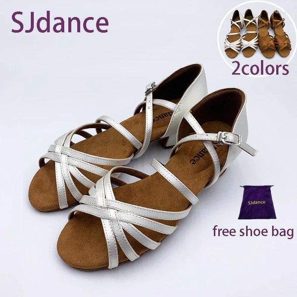 Zapatos de baile Sjdance Kids Sandal Sandal Girls Latin Dancing Pro SUGLO SUGRO BLANCO Competición blanca oscura Cómoda Estable Heel