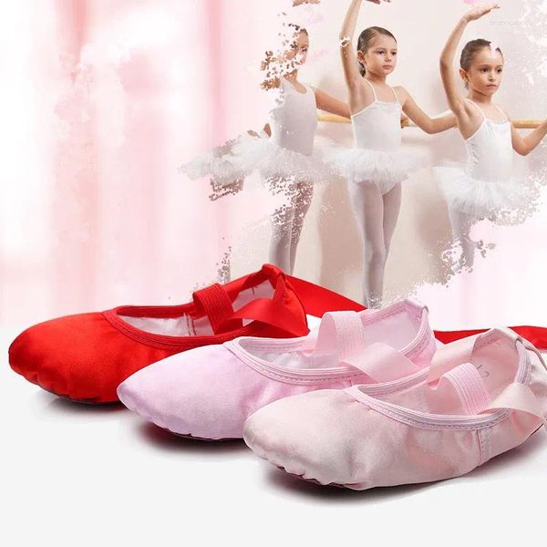 Zapatillas de baile zapatillas profesora de gimnasio yoga para niñas niños satén rojo rosado carne para niños zapato de ballet con cinta