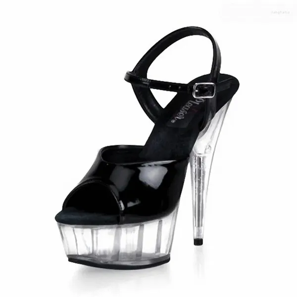 Danse Shoes Style Belle plateforme transparente talons noirs 15 cm Sandales de modèle sexy pole danse