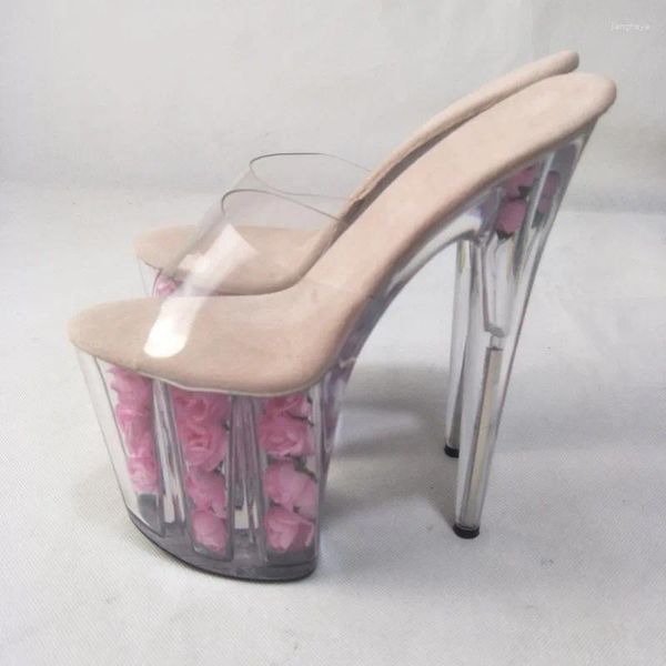 Zapatos de baile estilo veraniego romántico rosa modelo de cristal puesta en escena tacones altos 20CM transparente