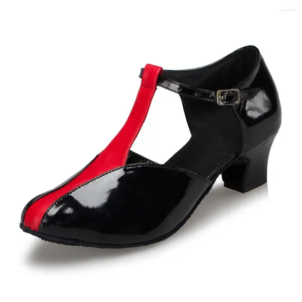 Zapatos de baile t-strap latín moderno tacón medio 4.5cm fiesta negra de invierno salsa