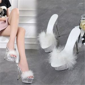 Chaussures de danse pour femmes, sandales transparentes de 15CM et dessus en fourrure pour mariage, Sexy