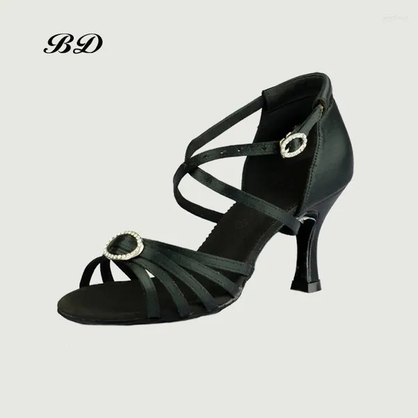 Chaussures de danse Top Femmes latines Cowhid Sof Sole talon Bag BD 290 Double Diamond Backle Satin noir 7,5 cm Salsa