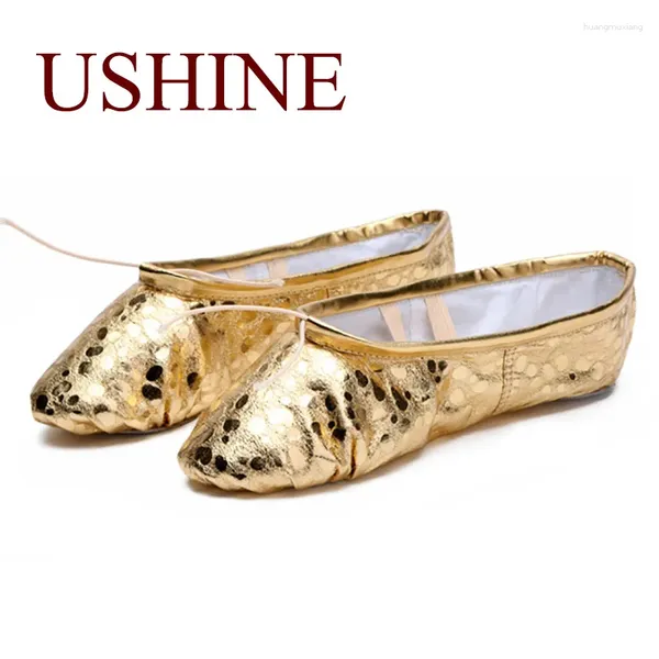 Chaussures de danse Ushine Professional Pu Gold Silver Training Body Forme de yoga Slippers Belly Ballet Kids Girls Femmes