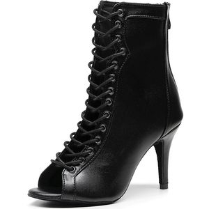Chaussures de danse femme noir marron chaussures de danse Jazz latin bout ouvert talon aiguille bottillon filles talon mince 8.5 cm/10 cm bottes de danse à lacets 231101