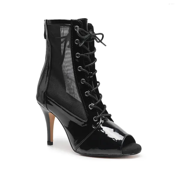 Dance Shoes Woman Black Lace Up Boots For Girls Leede Cuero Moderno Jazz Dancing Booties de tacón alto de los pies abiertos Damas