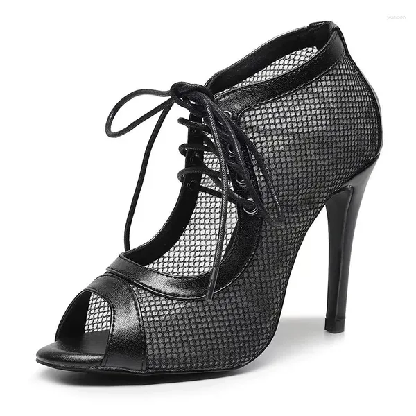 Chaussures de danse Femme Mesh Latin Ballroom Motties Botties Girls Lace Up Black Stiletto Botie Women High Heels 8.5cm 10cm 11cm