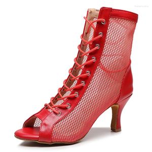 Dance Shoes Woman Red Mesh Latin Ballroom Women High Jazz Booties Girls Lace Up Stiletto Bootie Slim 3.5/4 pulgadas