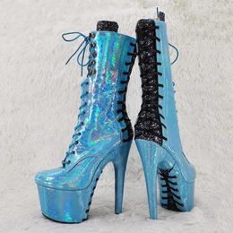 Zapatos de baile para mujer, 17CM/7 pulgadas, plataforma chapada superior de PU, tacones altos sexis, botas hasta el muslo, poste 066