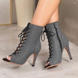 Chaussures de danse Femmes noires talons hauts Boot à lacets talons aiguilles jazz femme latin danse en plein air