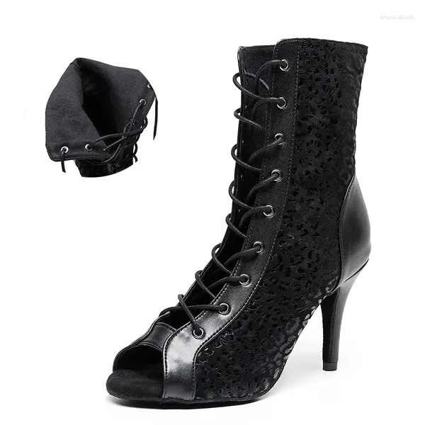 Dance Shoes Women High Top Latin Black Leopard Hgih Heel Ballroom Boots para chicas Flock Pratice Modern