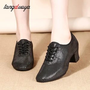 Chaussures de danse en cuir PU pour femmes et filles, chaussures de salle de bal latine, Jazz moderne, noires, Salsa, pour professeur