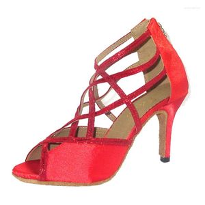 Chaussures de danse pour femmes, sandales rouges Salsa latine, bout ouvert, fête avec fermeture éclair, sandales de danse sociales Sexy, talon personnalisé