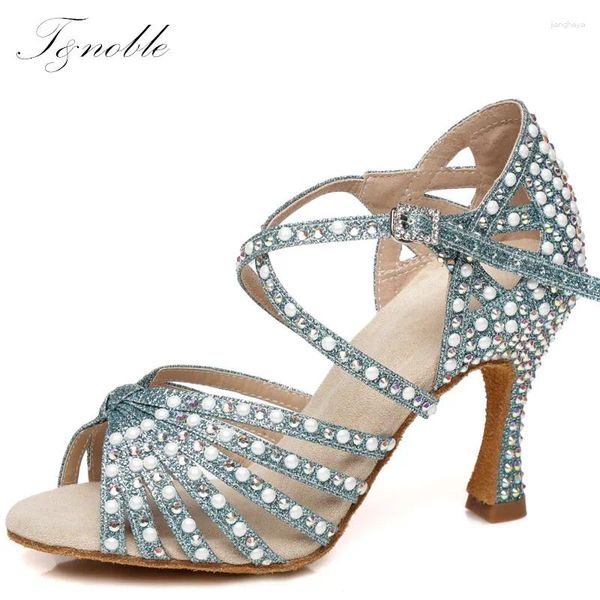 Dance Shoes Women Sneakers Party Latine Blue Crystal Sandals Satin Shine Rhinestones Botthidos suaves Summer High Heels 5-10 cm L429