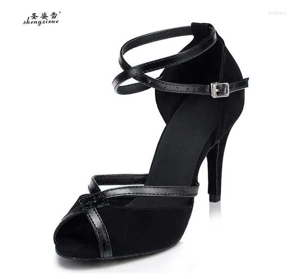 Chaussures de danse Wuxijiao Black Flock Skin Deep Couleur Satin Latin Ballroom Dancing High Heels Party Salsa