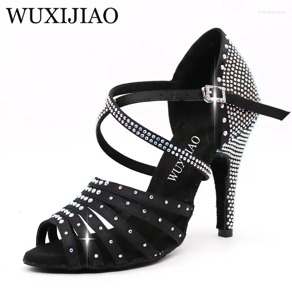 Chaussures de danse wuxijiao bronze noir satin latin dames salsa strass de bal talon 5cm-10cm