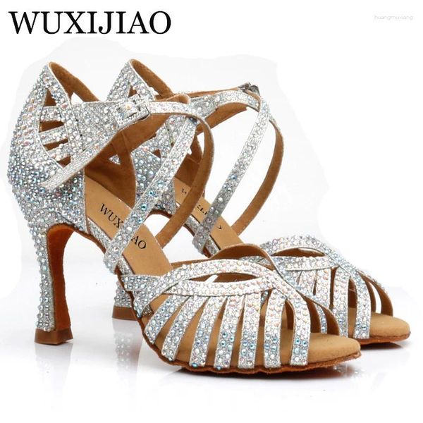 Chaussures de danse wuxijiao latin talons hauts féminins en argent noir argent glitter tissu confortable salsa fête