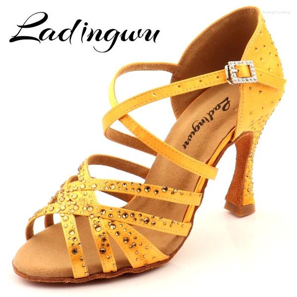 Zapatos de baile Rhinestones de bronce amarillo para mujeres Latin Ballroom Party Square Soft Bottm Heel 5-10 cm
