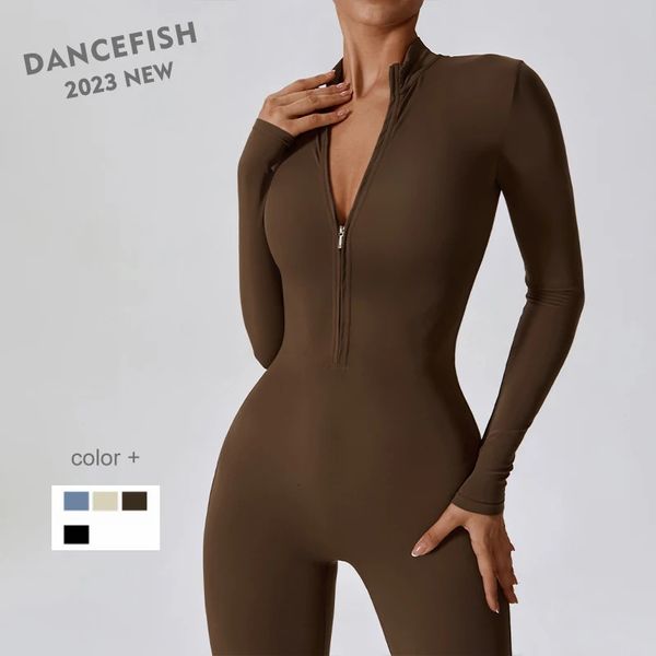 DANCEFISH Femmes Fermeture Éclair Nude Manches Longues Haute Intensité Entraînement Une Pièce Justaucorps Fitness Danse Gym Aérien Yoga Combinaison 240322