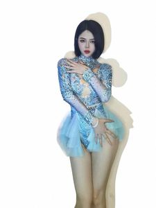 Bailarina traje mujeres monos estiramiento spandex bodyc un tamaño lg manga azul malla volantes cristal leotardo etapa desgaste fiesta y5bx #