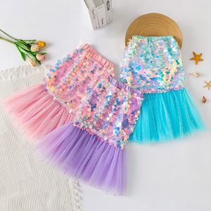 Ropa de baile 2023, faldas de cola de sirena de princesa para niñas, lentejuelas brillantes, ropa de baile de media fiesta para niños 230628