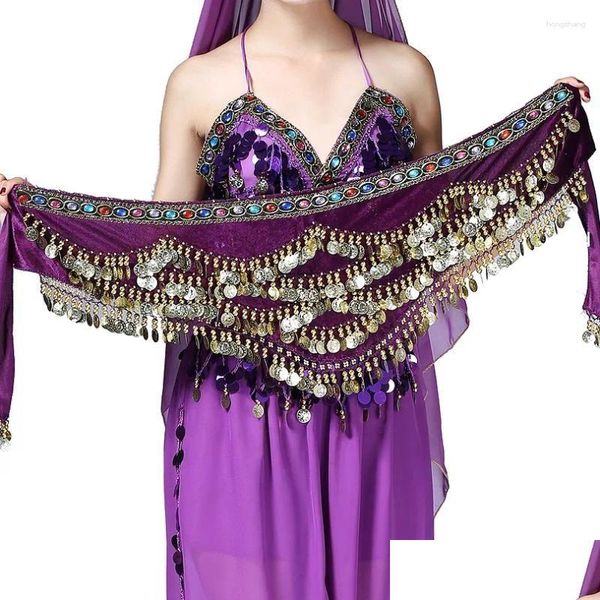 Accessoires de danse Stage Wear Ladys Belly Dance Hip Écharpe Jupe avec des pièces d'or ondulées Danse égyptienne Veet Wrap Ceinture Drop Deliv Dhb9Y