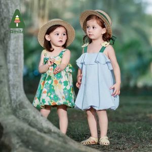 Dancewear Amila Baby Girl Dress 2023 Zomer Nieuw 100% katoenen sling mouwloze textuurstofprinses jurken schattige bloemen Kids Clothingl2405