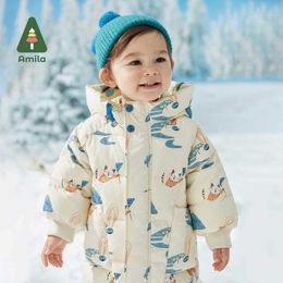 Dancewear Amila Babys Down Jacket 2022 Winter Nieuwe jongens en meisjes schattige cartoon afdrukken Down Warm Hooded Anti-Chill Coat Kids Fashion Casuall2405