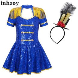 Dambla de baile Drum Majorette para chicas lentejuelas de la banda de marcha uniforme de circo Circus Tassel Tasel Leotard Tutu Vestido con mini top hatl2405