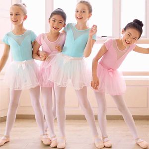 Dancewear Girls Ballet Leotard Gymnastics Bodysuit Mesh Splice Costuumes Kinderen Kort Mouw Chiffon Tutu Dress Kids Ballet Dance Wear Y240524