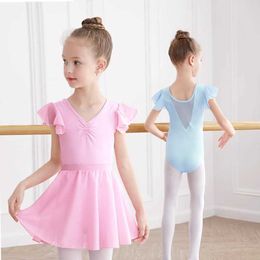 Dancewear Girls Kids Ballet Leeftards Pink Blue Bodysuit Gymnastics Tuchards Toddler Dance Dress Soft Dance Wear Sak met chiffon rokken Y240524