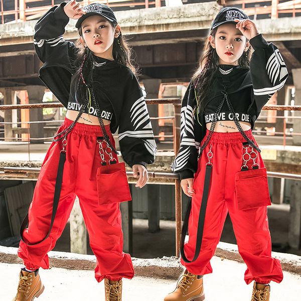 Dancewear Hip Hop Vêtements Filles Jazz Costume De Danse À Manches Longues Noir Tops Pantalon Cargo Rouge Enfants Hip Hop Performance Porter Des Vêtements Rave 5049 230617