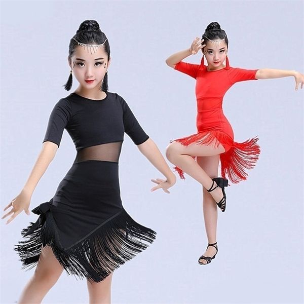 Vêtements de danse pour enfants filles, robe latine à franges, Costume de Salsa, noir et rouge, robes de Tango pour salle de bal, à vendre, 221007