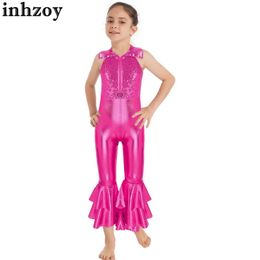 Dancewear Kids Girls 70s Hippie Disco Jumps Suit Shiny Sequins Bodys sans manches métalliques avec pantalon évasé Performance Performance Costumel240502