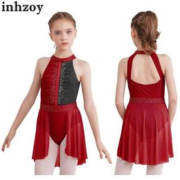 Dancewear kids girls ballet lyrical danse robe gymnastique justaucorps tutu sans manches brillante strass de patinage artistique performance costumel240502