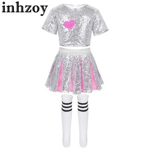 Dancewear kids girls cheerleading costume tenue paillins paillettes crop top avec jupe chaussettes rayées pour performance de danse moderne showl2405