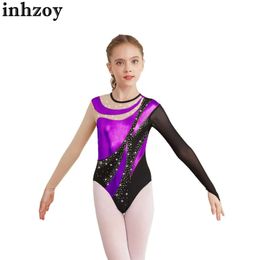Dancewear kids girls artistes artistes body produit ballet danse gymnastique justaucorat à manches longues brillante contraste métallique en maillot